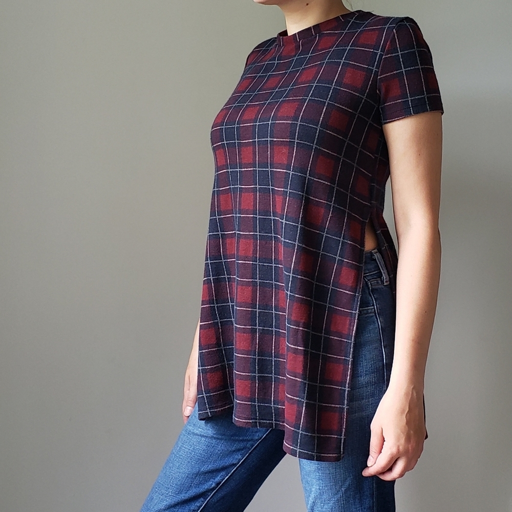Zara TRF Plaid Short Sleeve Side Slit Tunic Tee  S